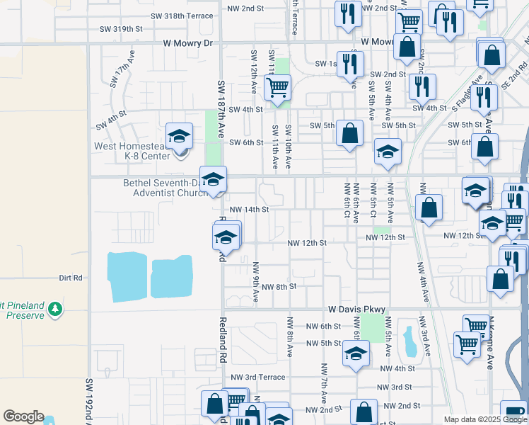 map of restaurants, bars, coffee shops, grocery stores, and more near 904 Northwest 14th Street in Homestead
