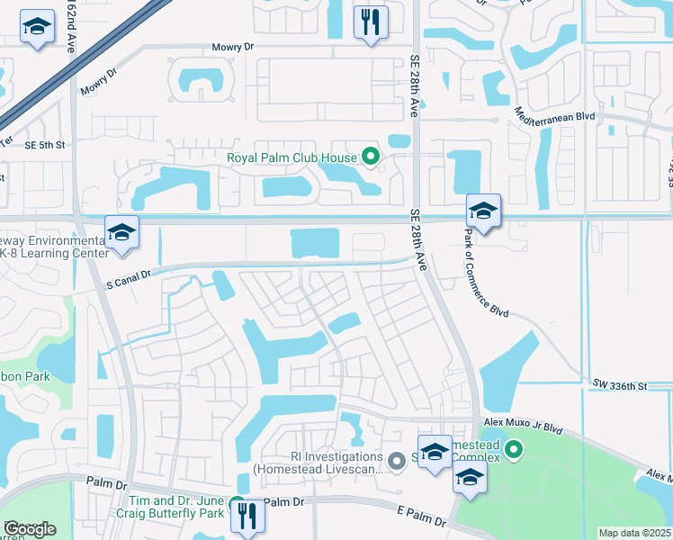map of restaurants, bars, coffee shops, grocery stores, and more near 2551 Southeast 10th Street in Homestead