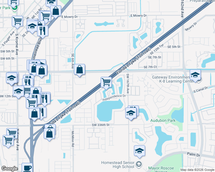 map of restaurants, bars, coffee shops, grocery stores, and more near 950 Constitution Drive in Homestead