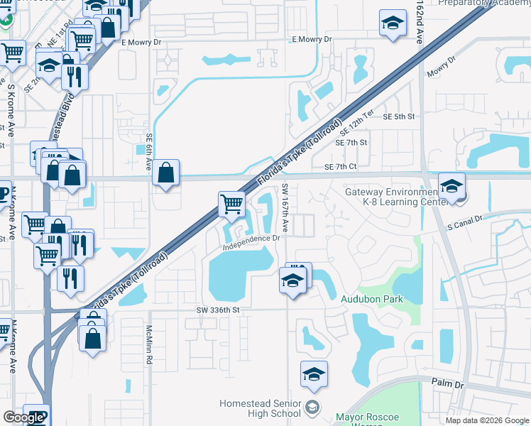 map of restaurants, bars, coffee shops, grocery stores, and more near 1120 North Franklin Avenue in Homestead