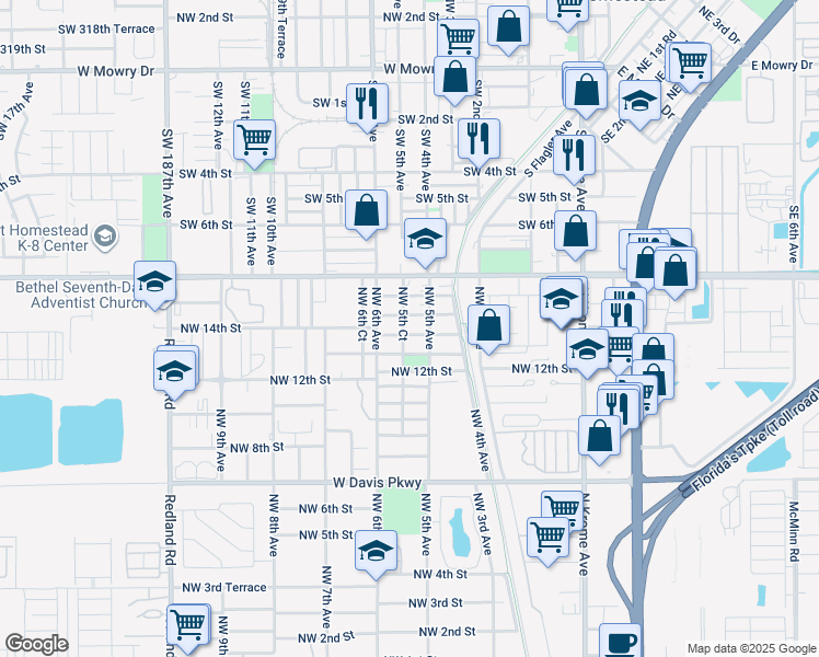 map of restaurants, bars, coffee shops, grocery stores, and more near 529 Northwest 15th Street in Florida City