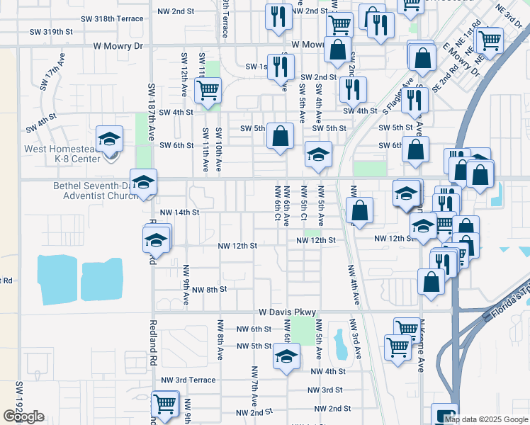 map of restaurants, bars, coffee shops, grocery stores, and more near 672 Northwest 14th Street in Florida City