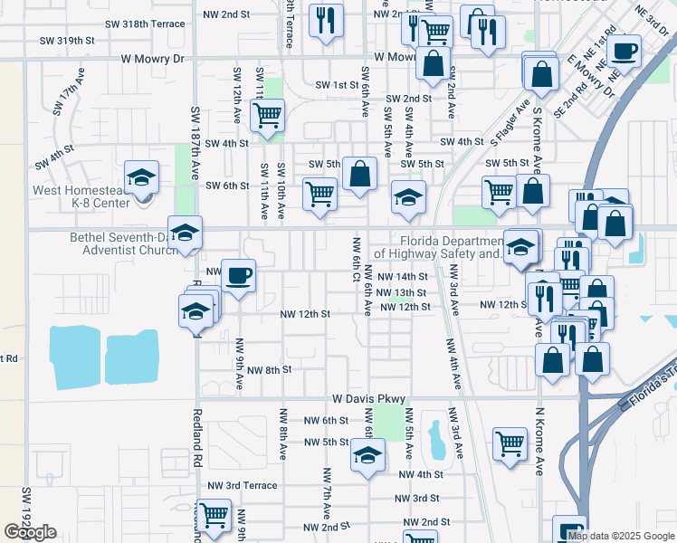 map of restaurants, bars, coffee shops, grocery stores, and more near 672 Northwest 14th Street in Florida City