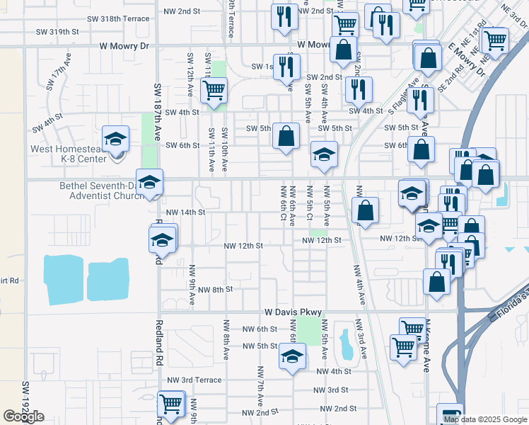 map of restaurants, bars, coffee shops, grocery stores, and more near 672 Northwest 14th Street in Florida City
