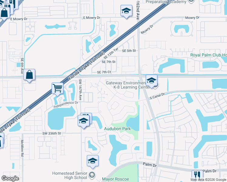 map of restaurants, bars, coffee shops, grocery stores, and more near 906 Cardinal Place in Homestead
