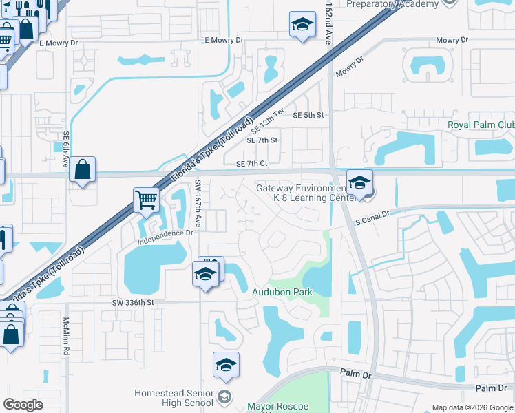 map of restaurants, bars, coffee shops, grocery stores, and more near South Canal Drive in Homestead