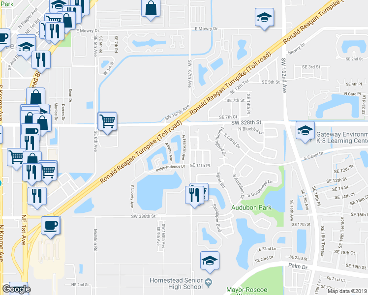 map of restaurants, bars, coffee shops, grocery stores, and more near 1080 North Franklin Avenue in Homestead