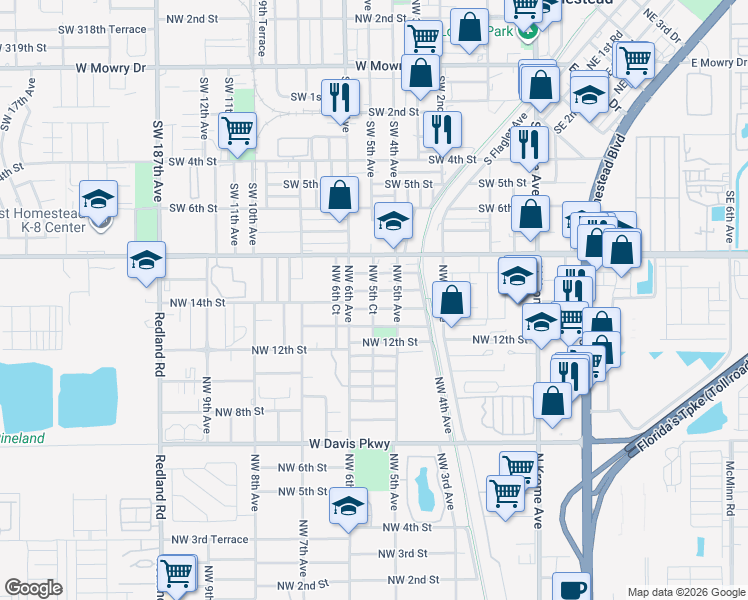 map of restaurants, bars, coffee shops, grocery stores, and more near 529 Northwest 15th Street in Florida City