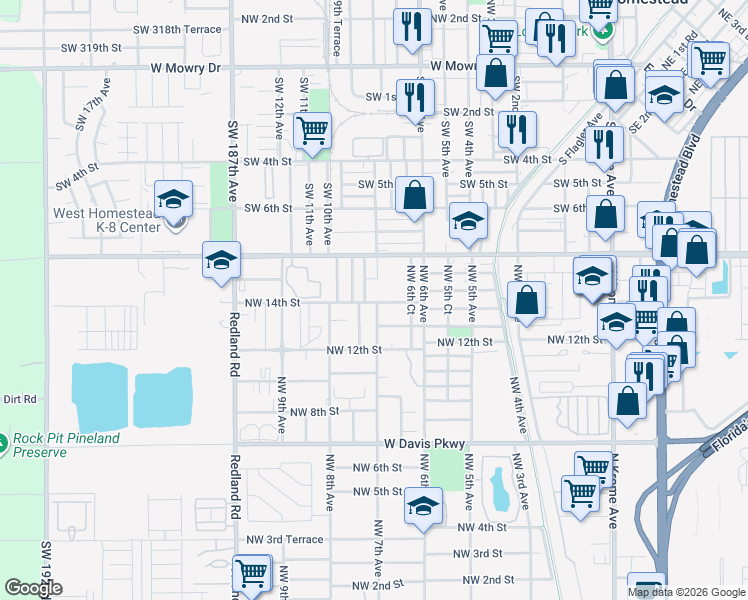 map of restaurants, bars, coffee shops, grocery stores, and more near 672 Northwest 14th Street in Florida City