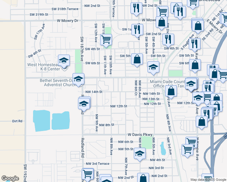 map of restaurants, bars, coffee shops, grocery stores, and more near 1422 Northwest 7th Place in Homestead