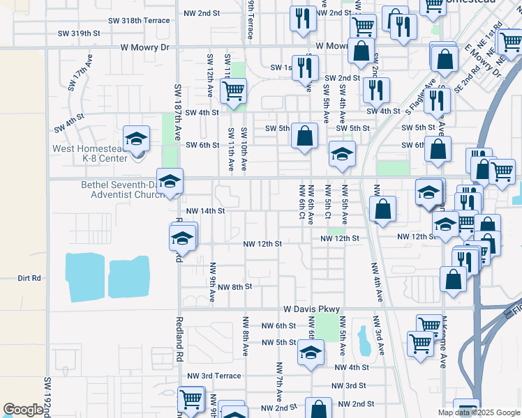 map of restaurants, bars, coffee shops, grocery stores, and more near 1422 Northwest 7th Place in Homestead