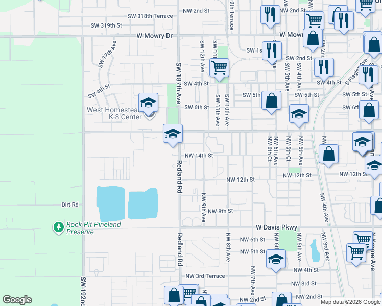 map of restaurants, bars, coffee shops, grocery stores, and more near 974 Northwest 14th Street in Homestead