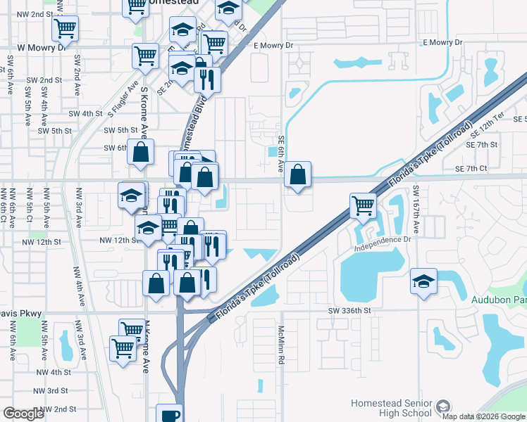 map of restaurants, bars, coffee shops, grocery stores, and more near 1827 East Lucy Street in Homestead