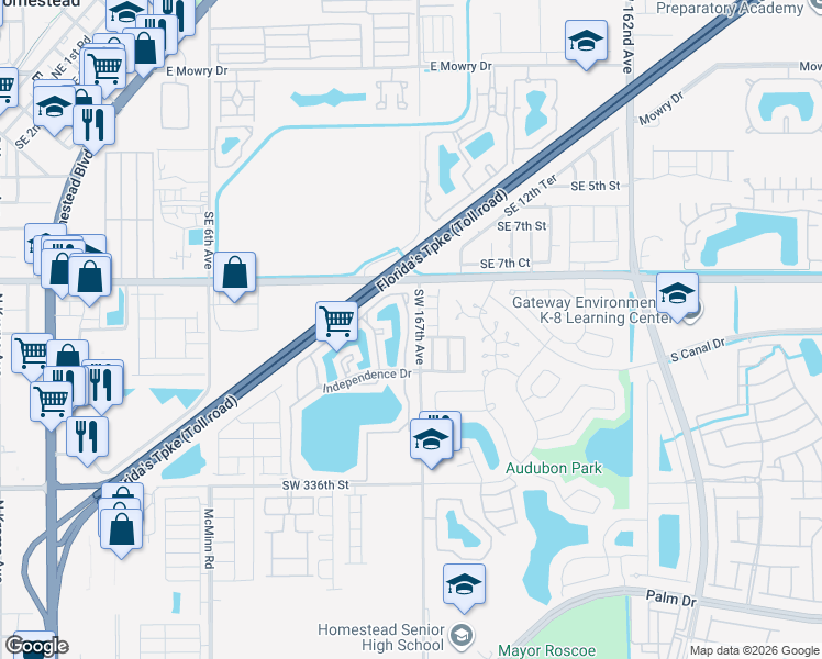 map of restaurants, bars, coffee shops, grocery stores, and more near 1120 North Franklin Avenue in Homestead