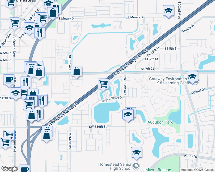 map of restaurants, bars, coffee shops, grocery stores, and more near 1149 Independence Trail in Florida City