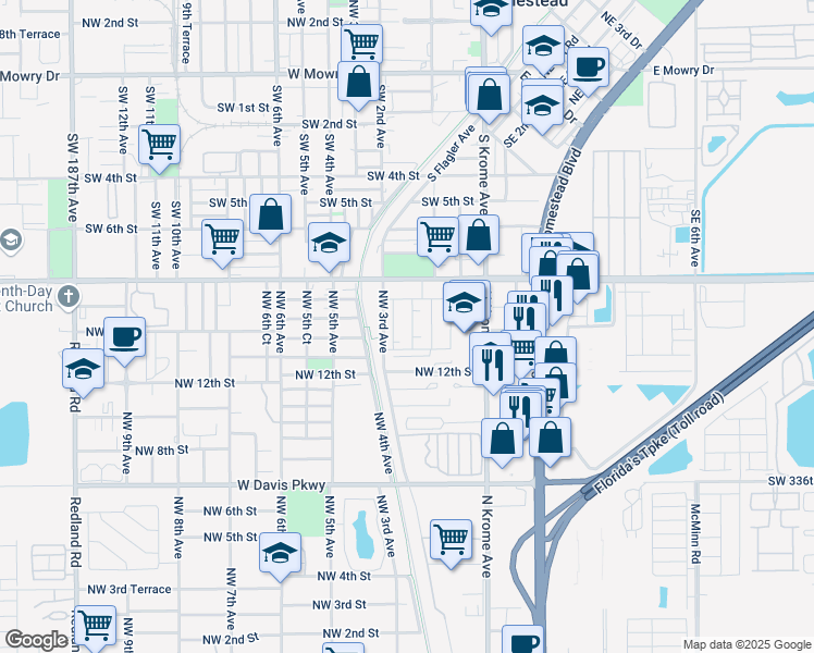 map of restaurants, bars, coffee shops, grocery stores, and more near 1445 Northwest 2nd Avenue in Florida City