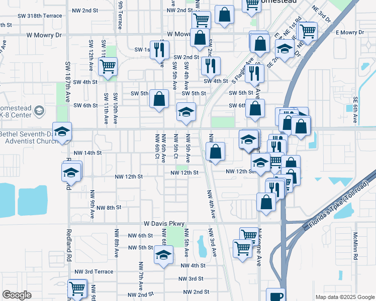 map of restaurants, bars, coffee shops, grocery stores, and more near 529 Northwest 15th Street in Florida City