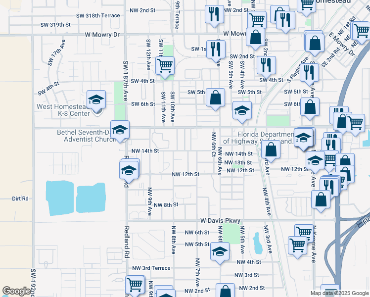 map of restaurants, bars, coffee shops, grocery stores, and more near 1422 Northwest 7th Place in Homestead