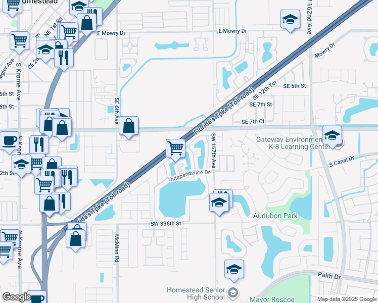 map of restaurants, bars, coffee shops, grocery stores, and more near 1149 Independence Trail in Florida City