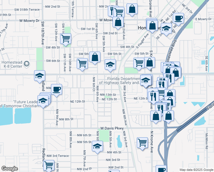 map of restaurants, bars, coffee shops, grocery stores, and more near 529 Northwest 15th Street in Florida City