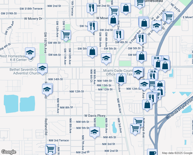 map of restaurants, bars, coffee shops, grocery stores, and more near 585 Northwest 15th Street in Florida City