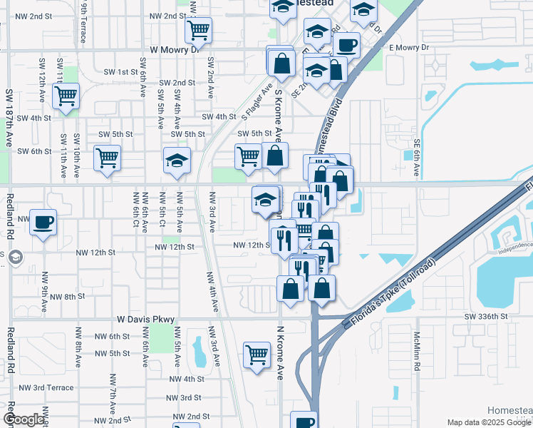 map of restaurants, bars, coffee shops, grocery stores, and more near 1448 South Krome Avenue in Florida City