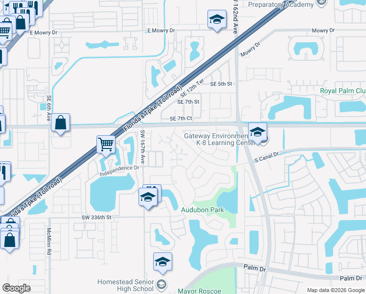 map of restaurants, bars, coffee shops, grocery stores, and more near 1431 Kittiwake Court in Homestead