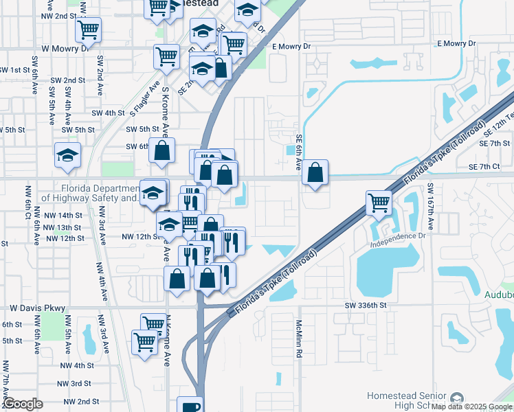 map of restaurants, bars, coffee shops, grocery stores, and more near 33001 South Dixie Highway in Homestead