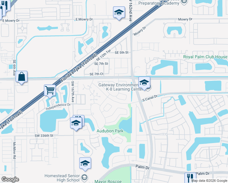 map of restaurants, bars, coffee shops, grocery stores, and more near 906 Cardinal Place in Homestead