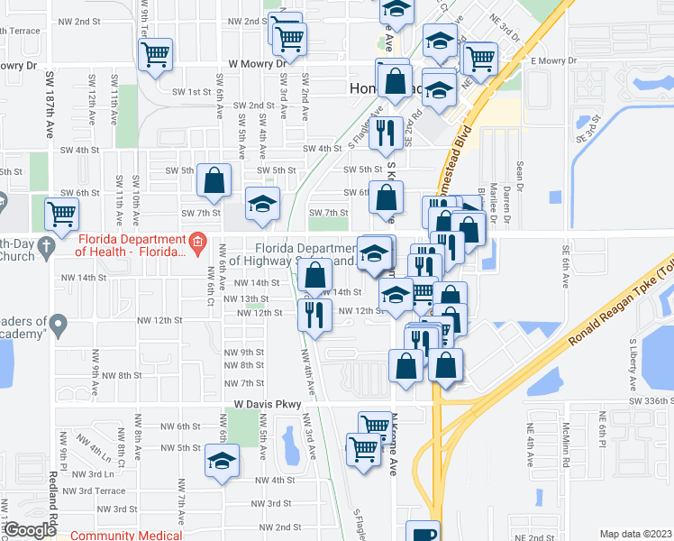 map of restaurants, bars, coffee shops, grocery stores, and more near 1454 Northwest 1st Court in Florida City