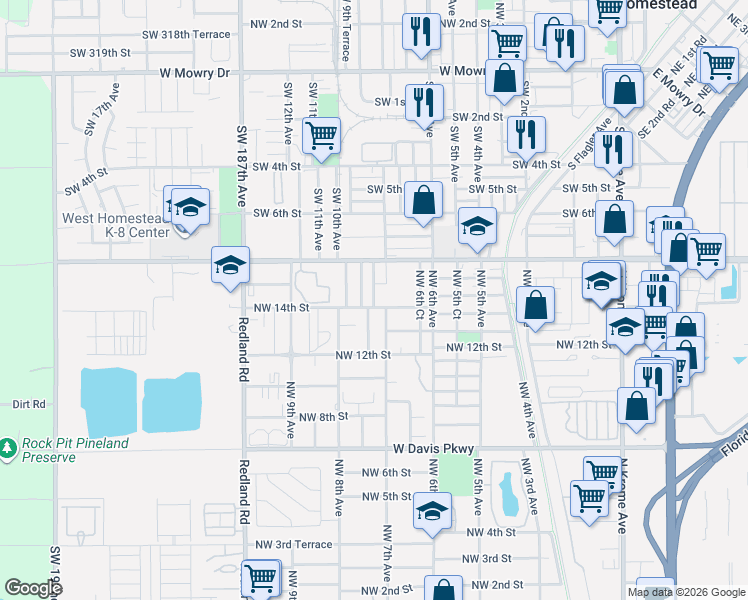 map of restaurants, bars, coffee shops, grocery stores, and more near 1422 Northwest 7th Place in Homestead