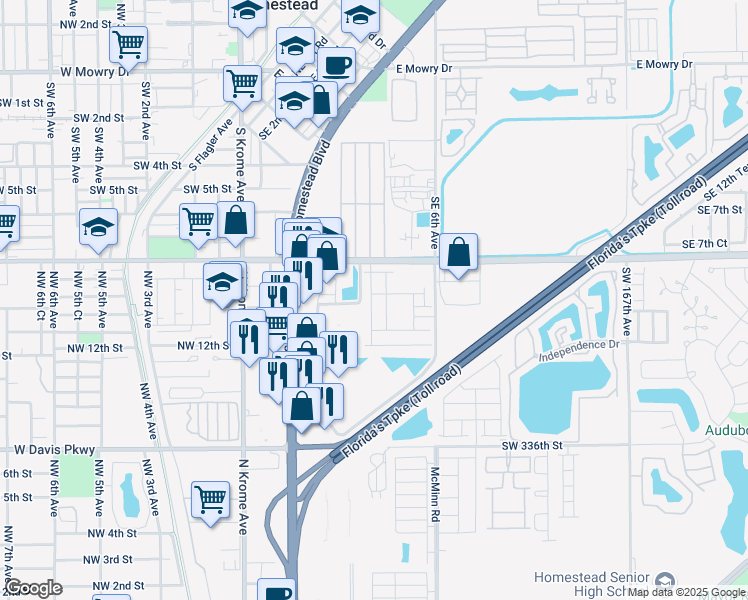 map of restaurants, bars, coffee shops, grocery stores, and more near 33001 South Dixie Highway in Homestead