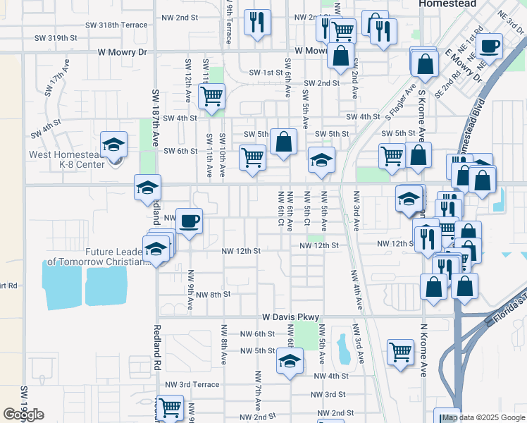 map of restaurants, bars, coffee shops, grocery stores, and more near 672 Northwest 14th Street in Florida City