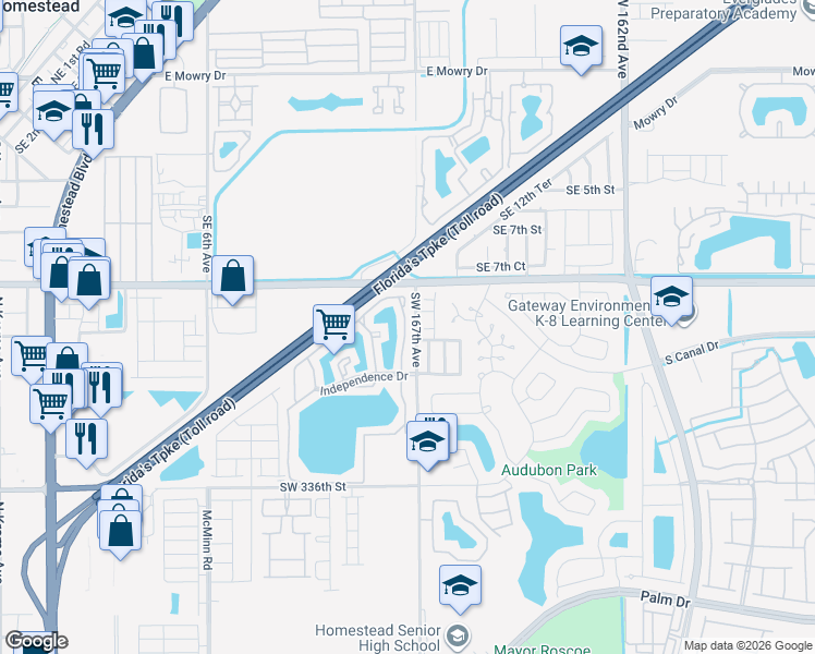 map of restaurants, bars, coffee shops, grocery stores, and more near 1120 North Franklin Avenue in Homestead