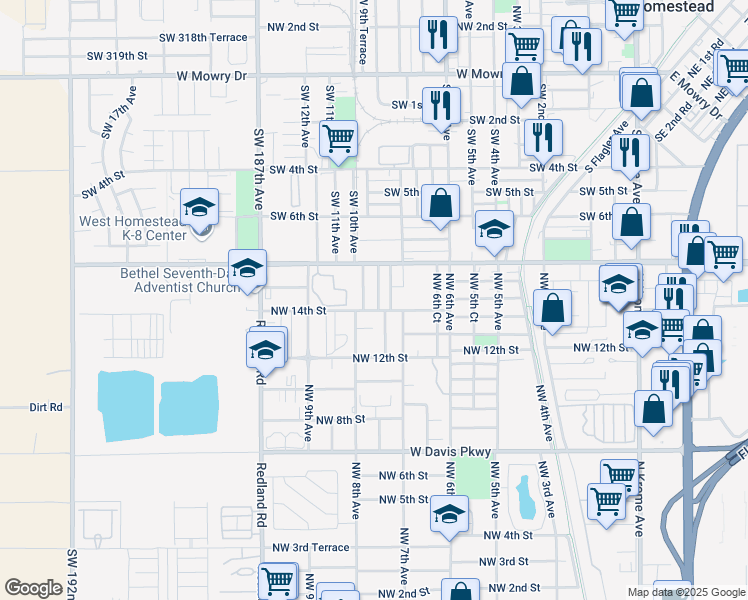 map of restaurants, bars, coffee shops, grocery stores, and more near 1422 Northwest 7th Place in Homestead
