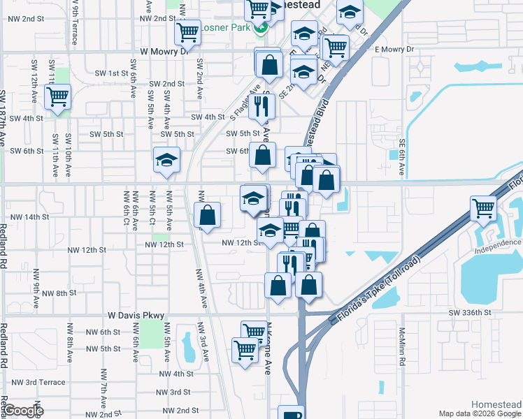 map of restaurants, bars, coffee shops, grocery stores, and more near 1448 North Krome Avenue in Florida City