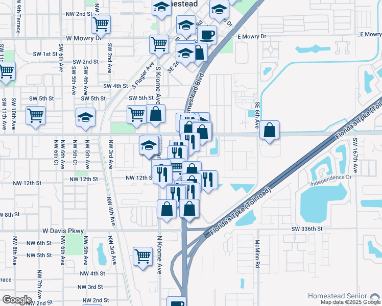 map of restaurants, bars, coffee shops, grocery stores, and more near 32959 South Dixie Highway in Homestead