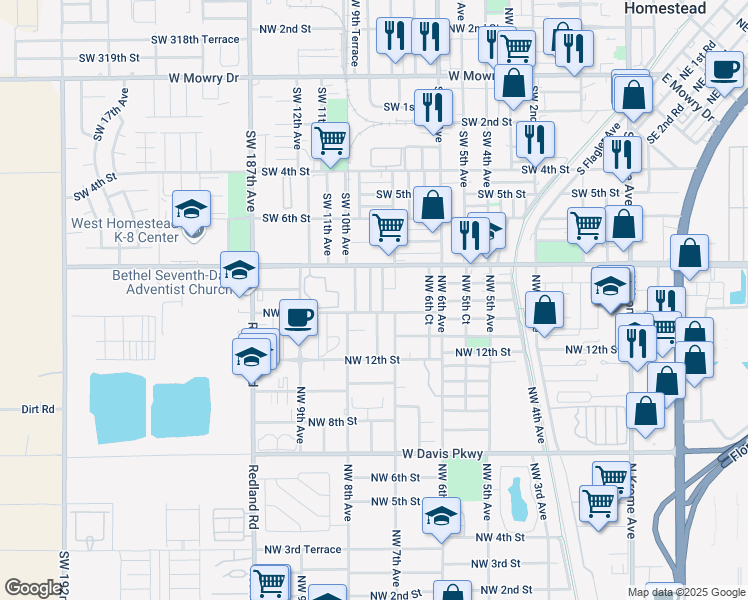 map of restaurants, bars, coffee shops, grocery stores, and more near 1422 Northwest 7th Place in Homestead