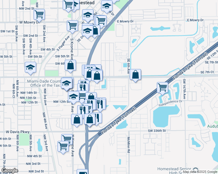 map of restaurants, bars, coffee shops, grocery stores, and more near 33001 South Dixie Highway in Homestead