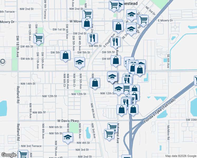 map of restaurants, bars, coffee shops, grocery stores, and more near 1445 Northwest 2nd Avenue in Florida City