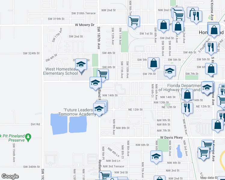 map of restaurants, bars, coffee shops, grocery stores, and more near 903 Northwest 15th Street in Florida City