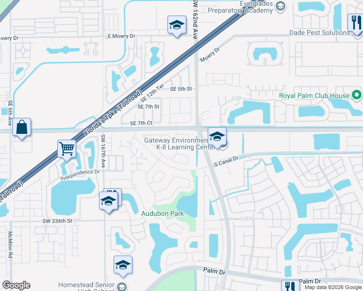 map of restaurants, bars, coffee shops, grocery stores, and more near 1709 North Curlew Lane in Homestead