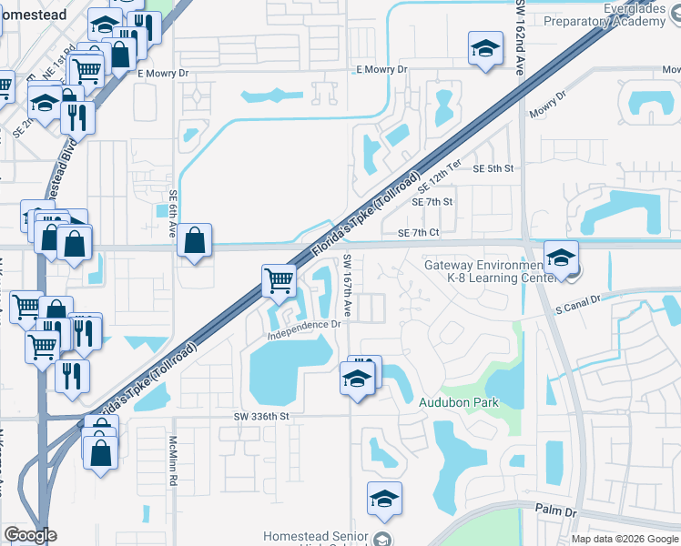 map of restaurants, bars, coffee shops, grocery stores, and more near 1120 North Franklin Avenue in Homestead