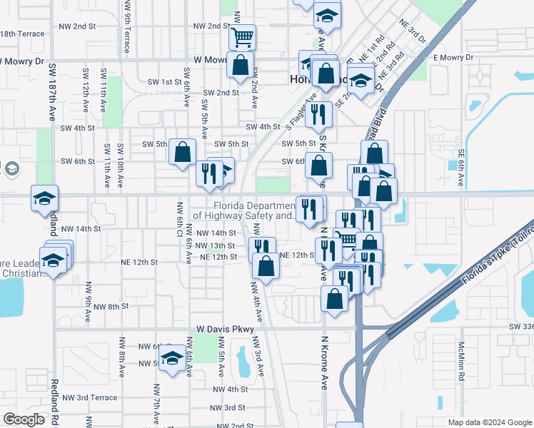 map of restaurants, bars, coffee shops, grocery stores, and more near 1445 Northwest 2nd Avenue in Florida City