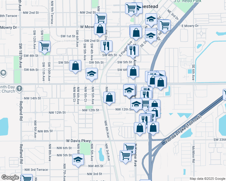 map of restaurants, bars, coffee shops, grocery stores, and more near 1445 Northwest 2nd Avenue in Florida City