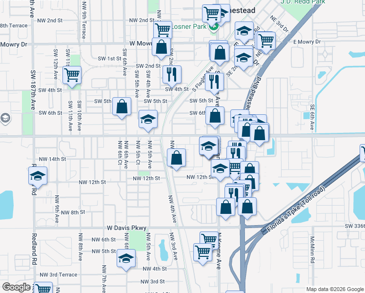 map of restaurants, bars, coffee shops, grocery stores, and more near 1445 Northwest 2nd Avenue in Florida City
