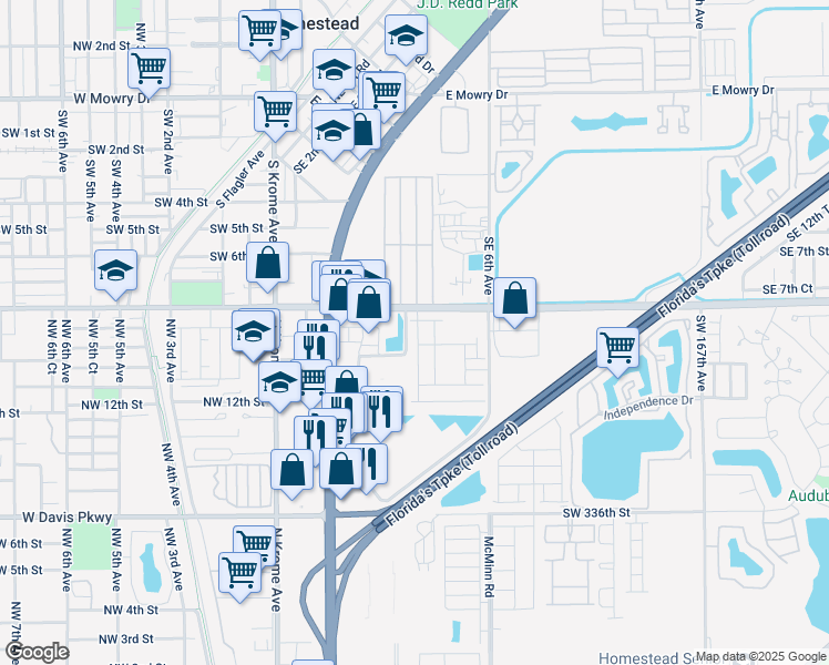 map of restaurants, bars, coffee shops, grocery stores, and more near 33001 South Dixie Highway in Homestead