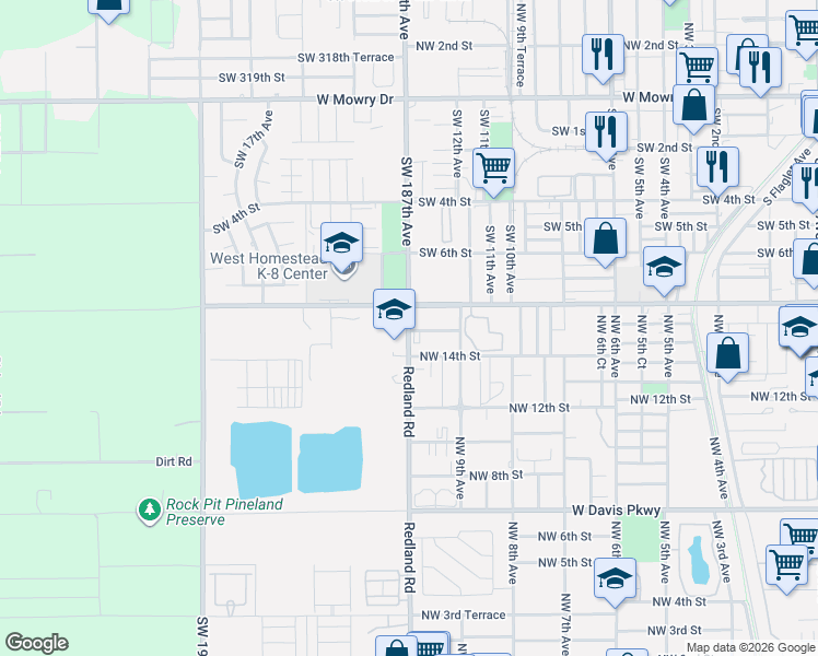 map of restaurants, bars, coffee shops, grocery stores, and more near 974 Northwest 14th Street in Homestead