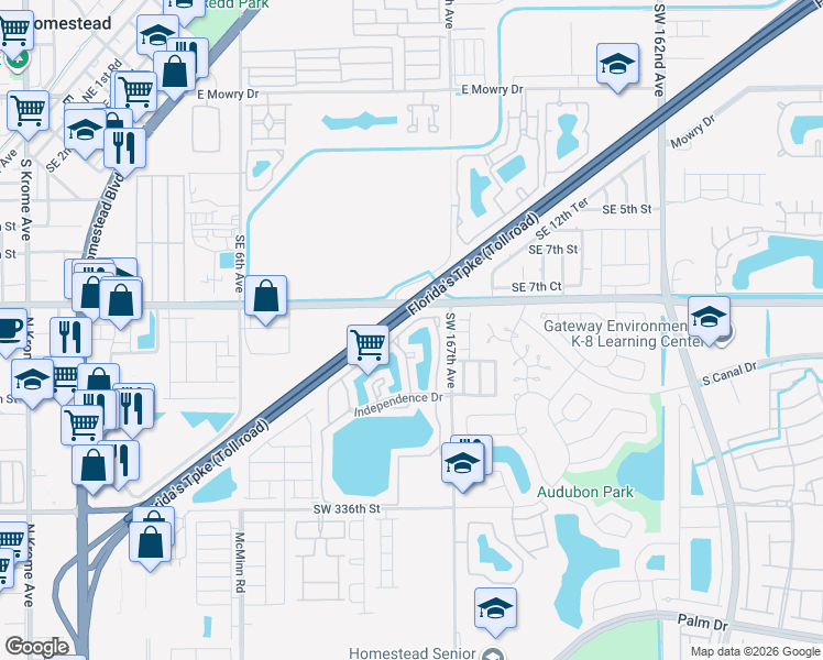 map of restaurants, bars, coffee shops, grocery stores, and more near 1149 Independence Trail in Florida City