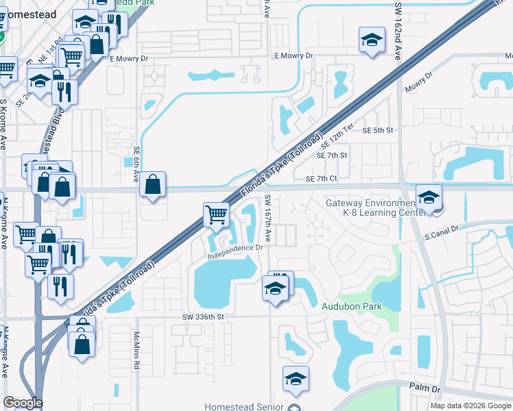 map of restaurants, bars, coffee shops, grocery stores, and more near 1120 North Franklin Avenue in Homestead